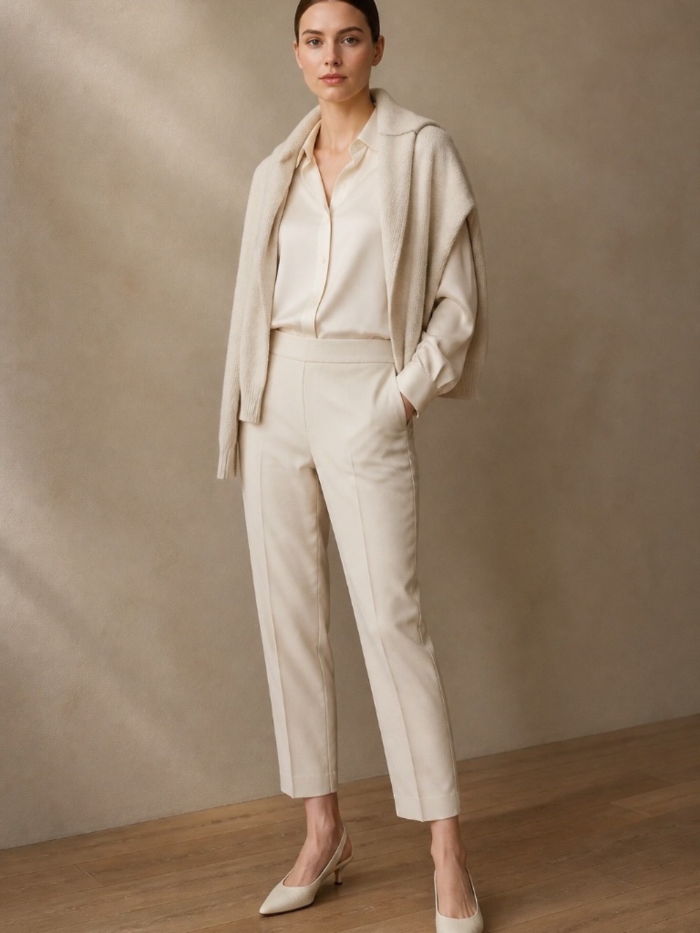 J. Jill Pull On Beige Knit Ankle Pants Womens 8 Stretch Casual Career Formal